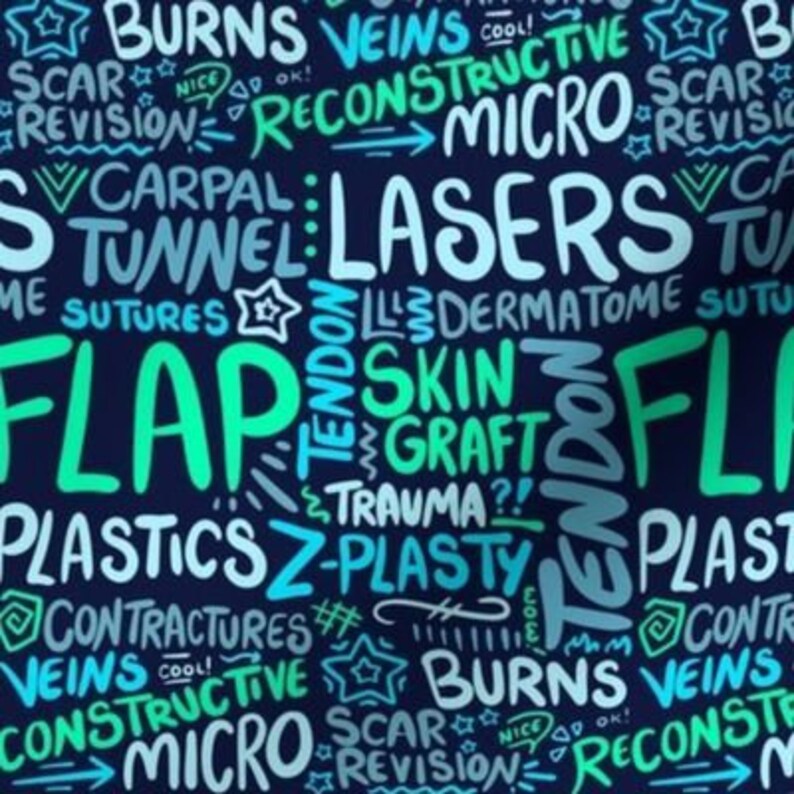 May include: A dark blue background with a pattern of white, blue, and green words related to plastic surgery. The words include "burns", "veins", "reconstructive", "micro", "scar revision", "carpal tunnel", "lasers", "dermatome", "sutures", "flap", "tendon", "skin graft", "trauma", "z-plasty", "plastics", "contractures", and more.