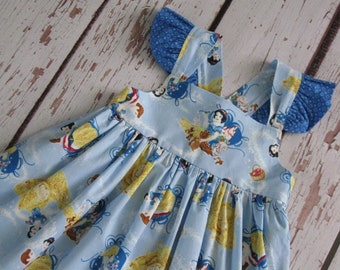 Emerie style Disney Snow White Dress-Blue Snow White fabric with coordinating blue dot border-Made to Order-Disney World Disneyland