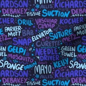May include: A dark blue background with a repeating pattern of colorful words related to medical procedures. The words are written in a hand-drawn style and include terms like 'tissue', 'suction', 'drill', 'clamp', 'suture', 'needle', 'driver', 'sponge', 'drain', 'mayo', 'kelly', 'green towel', 'gelpi', 'mot', 'debakey', 'koch', 'parker', 'met', 'richard', 'hardson', 'snap', 'elevator', 'curette'.