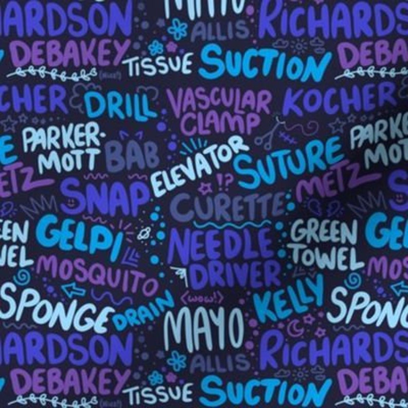 May include: A dark blue background with a repeating pattern of colorful words related to medical procedures. The words are written in a hand-drawn style and include terms like 'tissue', 'suction', 'drill', 'clamp', 'suture', 'needle', 'driver', 'sponge', 'drain', 'mayo', 'kelly', 'green towel', 'gelpi', 'mot', 'debakey', 'koch', 'parker', 'met', 'richard', 'hardson', 'snap', 'elevator', 'curette'.