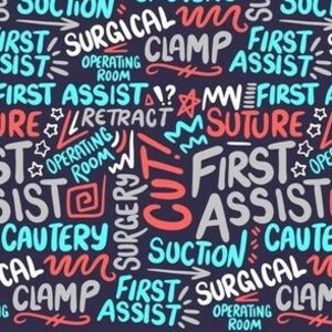 May include: A dark blue background is covered with medical terms in white, red, and light blue. Words like "SURGERY", "SUTURE", and "FIRST ASSIST" are scattered across the image in a repeating pattern.