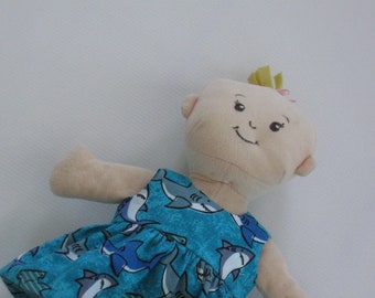 Dress fits MiniKane, Baby Stella or WEE Baby Stella Doll Dress-Handmade-Sharks Packed-Turquoise-Great for pretend play