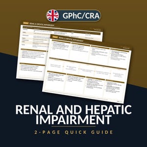 Pode incluir: Um guia rápido de duas páginas intitulado Renal and Hepatic Impairment com o logótipo GPhC/CRA. O documento contém tabelas médicas, diretrizes clínicas e texto sobre a função renal e hepática, num esquema de cores castanho e branco.