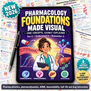 Könnte beinhalten: Ein digitales Tablet mit einem Pharmacology Foundations Made Visual Studienführer, einer medizinischen Cartoon-Figur, Pillengrafiken und anatomischen Symbolen. Der Bildschirm zeigt fetten Text, Diagramme und einen schwarzen Stift auf der linken Seite.