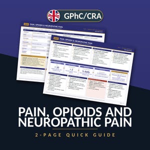 Pode incluir: Um guia rápido de duas páginas intitulado Pain, Opioids and Neuropathic Pain com a marca GPhC/CRA. O documento contém informações médicas, tabelas e diretrizes clínicas sobre o uso de opioides, dosagem e efeitos colaterais, apresentados em um layout estruturado e profissional com esquemas de cores azul e branco.