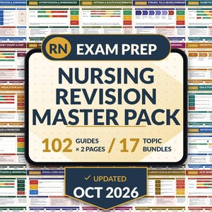 May include: A nursing revision master pack featuring 102 guides across 17 topic bundles, updated October 2026. The central graphic displays the text RN EXAM PREP NURSING REVISION MASTER PACK, surrounded by numerous colorful medical study charts.