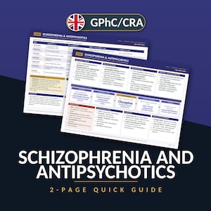 May include: A two-page educational quick guide titled Schizophrenia & Antipsychotics with GPhC/CRA branding. The document features dark blue and white colour schemes, organised tables, and text detailing clinical management, medication lists, and monitoring protocols for patients.