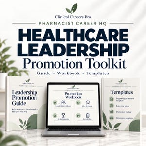 May include: A Healthcare Leadership Promotion Toolkit featuring a guide, workbook, and templates. The set includes a printed Leadership Promotion Guide, a laptop displaying the Promotion Workbook, and a printed Templates book with a leaf logo.