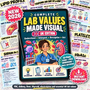 Pode incluir: Um tablet digital exibindo o guia Complete Lab Values Made Visual UK Edition, com uma ilustração de um profissional de saúde, tubos de ensaio e um rim. A tela inclui texto sobre valores laboratoriais e download instantâneo.