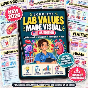 May include: A digital tablet displaying a medical study guide titled Complete Lab Values Made Visual US Edition. The screen features a cartoon healthcare professional, blood cells, a kidney illustration, and test tubes. A stylus rests on the side.