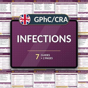 Może przedstawiać: Cyfrowy przewodnik do nauki zatytułowany GPhC/CRA INFECTIONS zawierający 7 przewodników i 2 strony. Ciemnofioletowy interfejs wyświetla tabele z informacjami medycznymi dotyczącymi różnych infekcji, w tym układu oddechowego, moczowego, płciowego i sepsy.