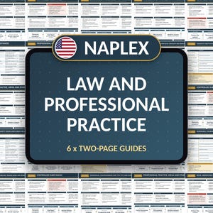Peut inclure: Un guide d'étude rectangulaire bleu foncé intitulé NAPLEX LAW AND PROFESSIONAL PRACTICE avec une icône de drapeau américain. Le texte 6 x TWO-PAGE GUIDES figure sous le titre principal. L'arrière-plan présente une grille de tableaux flous.
