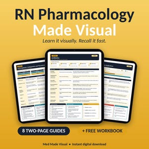 May include: Three digital tablets display educational pharmacology study guides with the text RN Pharmacology Made Visual, Learn it visually. Recall it fast. The screens show organized tables on antibiotics and medications with 8 two-page guides.