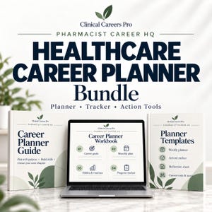 May include: A digital healthcare career planner bundle featuring a laptop displaying a career planner workbook, flanked by two printed guides titled Career Planner Guide and Planner Templates, all with dark text and green leaf accents.