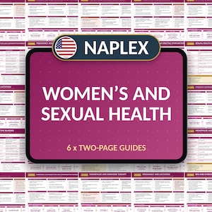 Könnte beinhalten: Ein NAPLEX-Studienleitfaden mit dem Titel Women's and Sexual Health, der 6 zweiseitige Leitfäden enthält. Das zentrale dunkelmagenta rechteckige Feld zeigt weißen Text vor einem Hintergrund aus wiederholten medizinischen Tabellen.