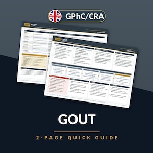 Pode incluir: Um guia rápido de duas páginas sobre gota com informações médicas, protocolos de tratamento e diretrizes clínicas. O documento inclui tabelas, listas com marcadores e cabeçalhos de texto rotulados como GPhC/CRA em um fundo azul.