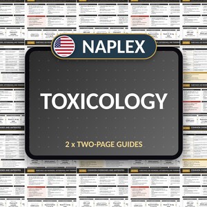 Pode incluir: Um guia de estudo NAPLEX Toxicology com um painel central cinza escuro e texto branco lendo NAPLEX TOXICOLOGY e 2 x TWO-PAGE GUIDES. O fundo consiste em uma grade repetitiva de tabelas de referência médica.