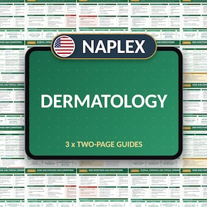 May include: A green rectangular educational guide titled NAPLEX DERMATOLOGY with the text 3 x TWO-PAGE GUIDES. The design features a United States flag icon and organized medical information regarding acne, skin conditions, and infections.