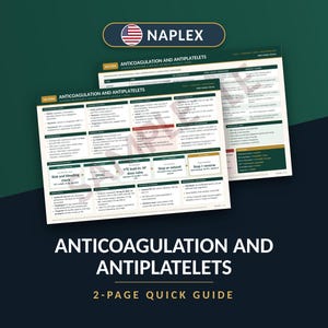 May include: A two-page NAPLEX quick guide titled Anticoagulation and Antiplatelets. The educational document features a structured table layout with green and white sections, detailing drug classes, dosages, and clinical guidelines.