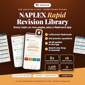 May include: The NAPLEX Rapid Revision Library study set includes two printed guides and a mobile app interface. Text displays 1,476 smart flashcards, 246 practice questions, 82 two-page guides, and 16 body systems. The brown background features white text.