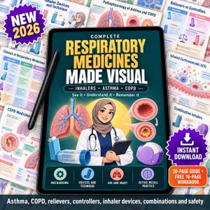 Puede incluir: Una tableta digital muestra una guía titulada Complete Respiratory Medicines Made Visual, con una profesional médica en hiyab, ilustraciones de pulmones, inhaladores y cortes transversales de las vías respiratorias.