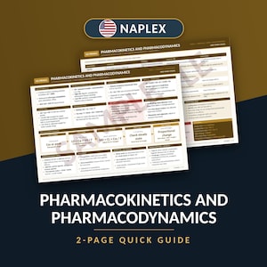 以下が含まれることがあります： NAPLEX準備のための薬物動態学および薬力学に関する2ページのクイックガイド。このドキュメントには、薬物の吸収と分布に関連する数式、定義、臨床概念が記載された茶色と白のチャートが含まれています。