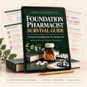 May include: A digital tablet displaying the Foundation Pharmacist Survival Guide, A Practical Handbook for the Training Year. The screen shows an amber pill bottle, loose white tablets, a stethoscope, and a green book. Text reads 84-page practical handbook.