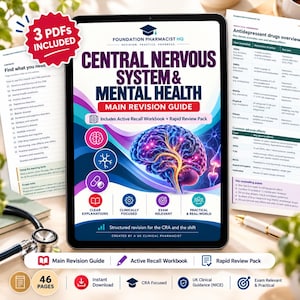 Pode incluir: Um tablet digital exibe um guia de revisão do sistema nervoso central e saúde mental com uma ilustração de cérebro, ícones e texto. A tela mostra 3 PDFs incluídos, explicações claras e um foco clínico.