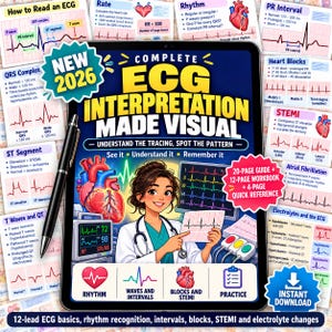 May include: A digital tablet displaying a 2026 ECG interpretation guide with a cartoon medical professional holding a heart rhythm strip. The screen features text including Complete ECG Interpretation Made Visual, a heart illustration, and medical icons.