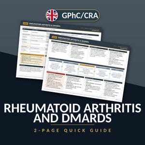 May include: A two-page quick guide titled Rheumatoid Arthritis and DMARDs featuring the GPhC/CRA logo. The document contains detailed medical information, tables, and clinical guidelines regarding the management of rheumatoid arthritis.