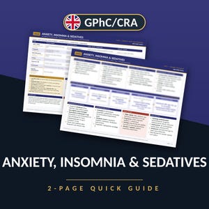 May include: A two-page quick guide titled Anxiety, Insomnia & Sedatives featuring a GPhC/CRA logo at the top. The document contains medical information, tables, and text regarding drug classifications, dosages, and clinical considerations.