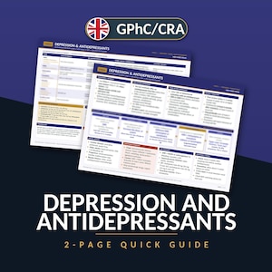 Może przedstawiać: Dwustronicowy przewodnik edukacyjny zatytułowany Depression and Antidepressants z logo GPhC/CRA u góry. Dokument zawiera ciemnoniebieskie i białe nagłówki, uporządkowane tabele oraz tekst w punktach zawierający informacje kliniczne.