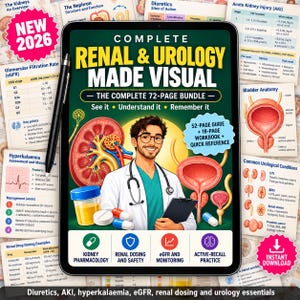 May include: A digital tablet displaying a guide titled Complete Renal & Urology Made Visual, featuring a medical professional with a stethoscope, anatomical illustrations of kidneys and a bladder, a urine sample cup, and various medication capsules.