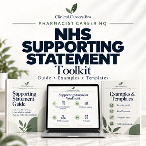 Könnte beinhalten: Clinical Careers Pro Pharmacist Career HQ NHS Supporting Statement Toolkit mit Leitfaden, Arbeitsbuch auf einem Laptop sowie Beispielen und Vorlagen. Die Unterlagen enthalten Abschnitte zur Analyse von Anforderungsprofilen, Nachweiszusammenstellung, STAR-Beispielen und Entwurfsplänen für Band 6 und 7 Stellen.