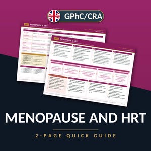 May include: A two-page quick guide titled Menopause and HRT featuring the GPhC/CRA logo. The document is printed on white paper with dark purple headers and borders, containing structured medical information, tables, and bulleted lists regarding hormone replacement therapy and menopause management.