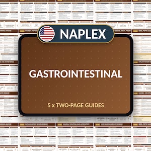 Puede incluir: Un conjunto de guías de estudio NAPLEX Gastrointestinal que incluye cinco guías de dos páginas. El gráfico rectangular marrón central muestra el texto NAPLEX GASTROINTESTINAL 5 x TWO-PAGE GUIDES, sobre un fondo de densas tablas médicas.