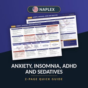 May include: A two-page NAPLEX quick guide titled Anxiety, Insomnia, ADHD and Sedatives. The educational charts feature blue and white color schemes with organized text boxes, medical terminology, and flowcharts for clinical study reference.