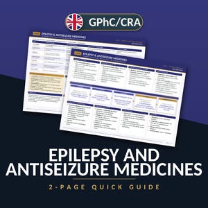 Pode incluir: Um guia rápido de duas páginas intitulado Epilepsy and Antiseizure Medicines com o logótipo GPhC/CRA. O documento contém informações médicas, tabelas e orientações clínicas sobre tipos de convulsões e medicamentos.