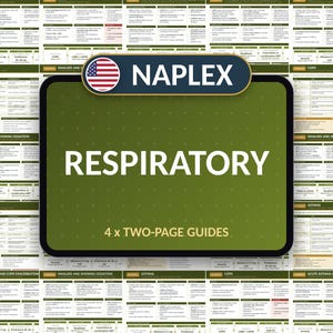Könnte beinhalten: Ein NAPLEX-Lernleitfaden-Set für Atemwegserkrankungen mit vier zweiseitigen Leitfäden. Das zentrale dunkelgrüne rechteckige Feld zeigt den Text NAPLEX und RESPIRATORY in Weiß sowie ein US-Flaggen-Symbol vor einem Hintergrund aus medizinischen Tabellen.