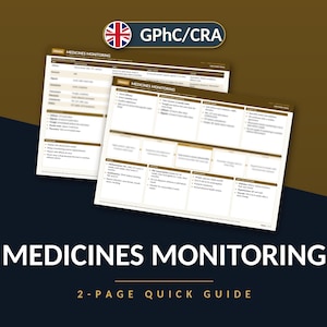 May include: A two-page quick guide titled MEDICINES MONITORING with a GPhC/CRA logo. The documents feature brown and white headers, structured tables, and bulleted lists detailing clinical monitoring requirements, blood tests, and patient safety protocols.