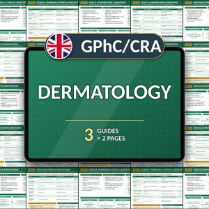 Pode incluir: Um conjunto de três guias de referência de dermatologia com o texto GPhC/CRA DERMATOLOGY 3 GUIDES x 2 PAGES. Os guias são apresentados num fundo verde escuro com texto branco e tabelas detalhando condições e tratamentos de pele.