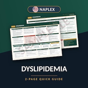 May include: A two-page NAPLEX quick guide on dyslipidemia, featuring a structured layout with tables, flowcharts, and medical text. The document uses a color palette of dark green, white, and beige, with clear headings and clinical information.