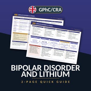 Puede incluir: Una guía rápida de dos páginas titulada Bipolar Disorder and Lithium que presenta información médica, tablas y directrices clínicas. El documento incluye el logotipo de GPhC/CRA en la parte superior y proporciona datos estructurados sobre la gestión de medicamentos, el seguimiento de pacientes y los protocolos de seguridad.