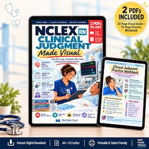 May include: Two digital tablets displaying NCLEX RN Clinical Judgment Made Visual study materials. The larger screen shows a nurse with a patient, while the smaller screen displays a practice workbook. Text includes 2 PDFs Included and Med Made Visual.