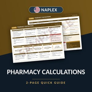 Op de afbeelding: Een tweepaginale NAPLEX-gids voor apotheekberekeningen met bruine en witte tabellen, formules, eenheidsconversies en stapsgewijze wiskundige instructies voor farmaceutische dosering, infusiesnelheden en veiligheidscontroles.