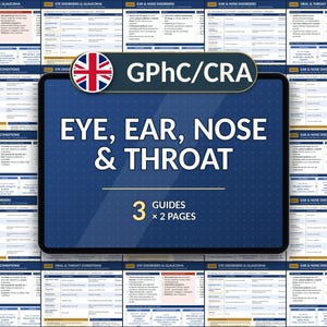 Pode incluir: Um tablet digital exibindo o texto GPhC/CRA EYE, EAR, NOSE & THROAT e 3 GUIDES x 2 PAGES. A tela mostra uma grade de tabelas de referência médica sobre distúrbios oculares, glaucoma, ouvido, nariz e condições orais e da garganta.