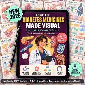 Pode incluir: Um tablet digital exibindo um guia de farmacologia intitulado Complete Diabetes Medicines Made Visual, com um profissional médico, ilustrações anatômicas e texto incluindo New 2026, 32-page guide e free 12-page workbook.
