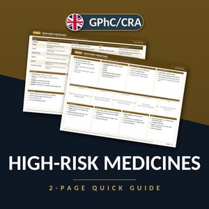 Pode incluir: Um guia rápido de duas páginas intitulado High-Risk Medicines com o logótipo GPhC/CRA. O documento contém tabelas e listas com marcadores que descrevem protocolos de segurança, categorias de medicamentos e requisitos de monitorização clínica.