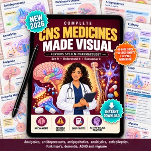 May include: A digital tablet displaying a CNS Medicines Made Visual guide with a central illustration of a medical professional, a brain, and nervous system diagrams. The screen features text, icons, and a black stylus pen resting on the left side.