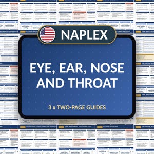 Pode incluir: Um conjunto de guias de estudo NAPLEX com três guias de duas páginas intitulados EYE, EAR, NOSE AND THROAT. O gráfico central azul exibe o título em texto branco com um ícone da bandeira dos EUA, sobre um fundo de tabelas médicas repetidas.